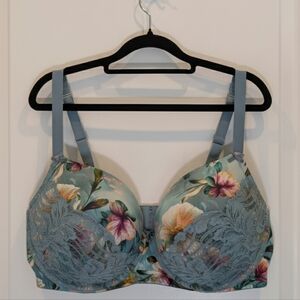Cacique Lane Bryant 44DDD Blue Floral Boost Balconette Bra Lace Push Up